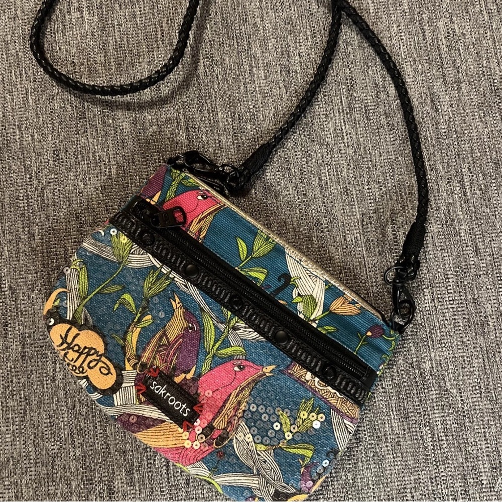 Sakroots Happy & Free Peace Small Colorful Birds Sequins Cross Body/Clutch Bag
